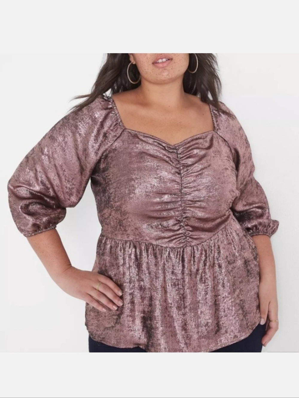 Square-neck Shirred-front Bronze Chrome Metallic Plus Size 3/4 Sleeve Blouse